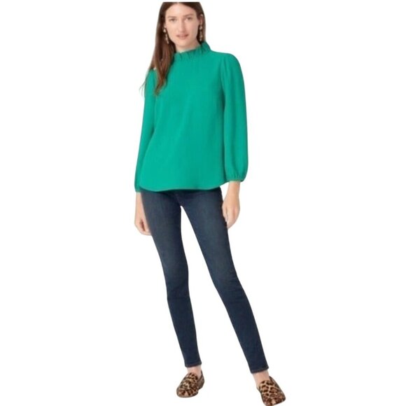 J.Crew High Ruffled Neck Balloon Sleeve Emerald Green Blouse Plussize Size XXL - Picture 5 of 10